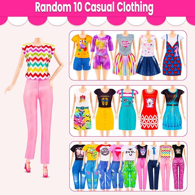 110 Pcs Doll Clothes and Accessories Dress up Toys for Girls with Wedding Dresses, Casual Dresses, Casual Jumpsuit, Swimsuits Bikini, Glasses, Shoes, Hangers, Doll Clothes Toys for Girl Gift