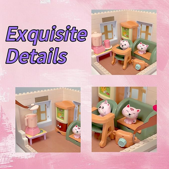 Koko's Cat Town DIY Miniature House Kit,Tiny House Living Room Building Kit,Purrfect Dollhouse with 255PCS,Cat Toys Gift for Teens Kids Ages 3+,Dollhouse for 3 and up
