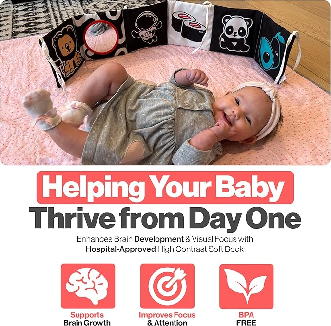 Happy Start High Contrast Baby Soft Book - Sensory Cloth Book for Newborns and Infants 0-12 Months with Mirror, Crinkle & Squeaker | Baby Tummy Time Toy, Crib, Stroller & Travel Developmental Toy