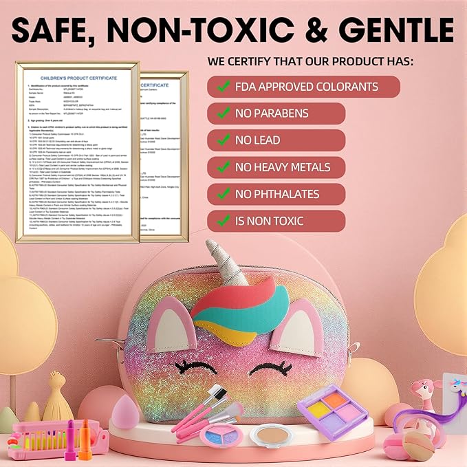 21Pcs Kids Makeup Kit for Girl, Princess Toys Real Washable Cosmetic Set with Sparkly Unicorn Purse, Kids Makeup Sets for Girls, Play Make Up Birthday Gifts for 3 4 5 6 7 8 9 10 11 12 Years Old Kid