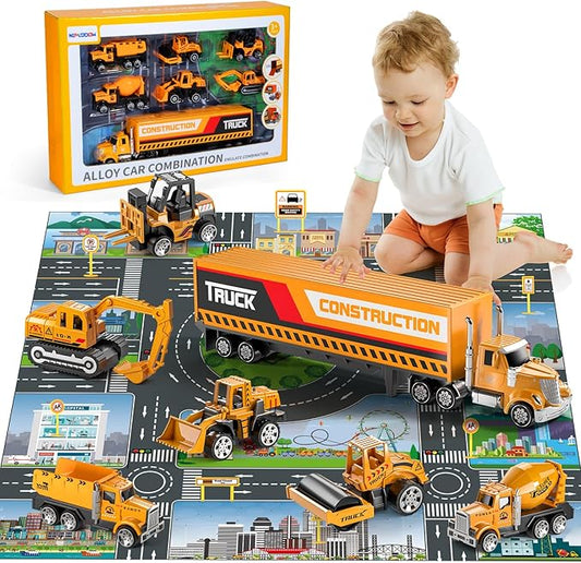 Construction Toys for 3 4 5 6 Years Old Boys Girls Kids, Die Cast Metal Truck Toys W/Play Mat, Sand Toys Trucks Excavator, Dump Truck, Road Roller, Cement Mixer, Car Toys Set for Kids Toddler