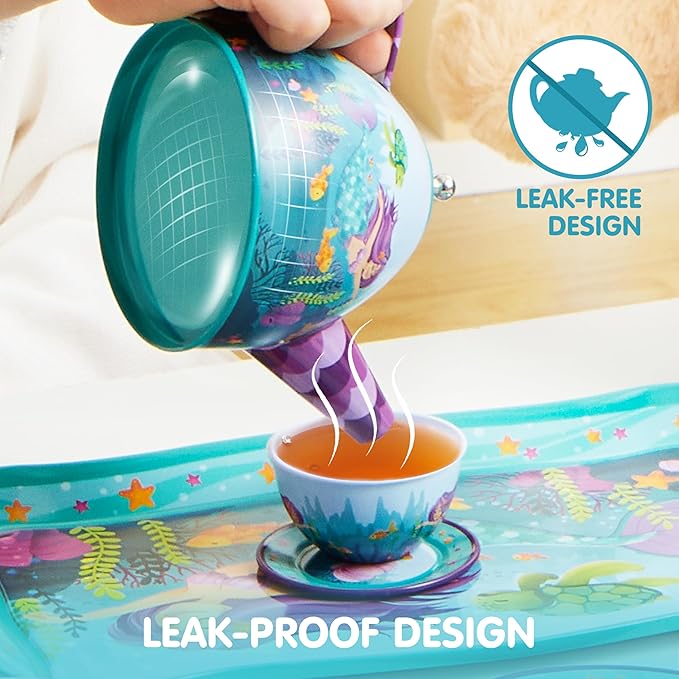 JOYIN Mermaid Tea Party Set for Little Girls, Pretend Tin Teapot Set, Princess Tea Time Play Kitchen Toy with Teapot, Cups, Plates, Carrying Case for Christmas Birthday Gifts Kids Toddlers Age 3 4 5 6