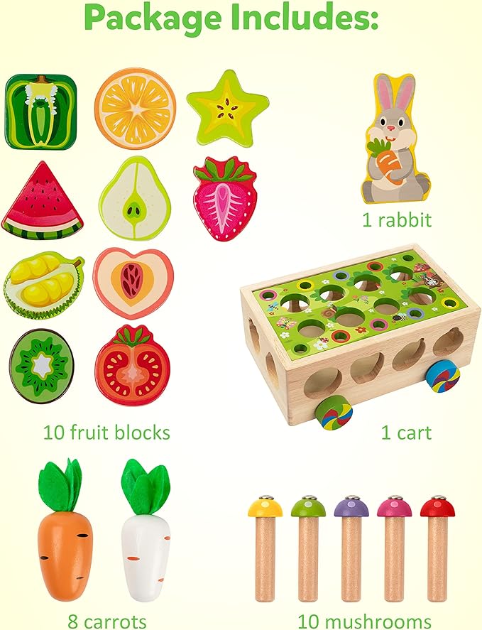 Coogam Montessori Fine Motor Toys for Baby Toddler, Wooden Shape Sorter Carrot Harvest Game for Easter Basket Stuffer, Preschool Learning Educational Gift Toy for 3 4 5 Year Old