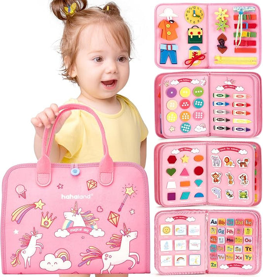 hahaland Toddler Busy Board Montessori Toys, 3 Year Old Girl Gifts Preschool Educational Learning Toys with Life Skills, Alphabet, Number, Shape, Color, Toddler Girl Stocking Stuffers Travel Busy Book
