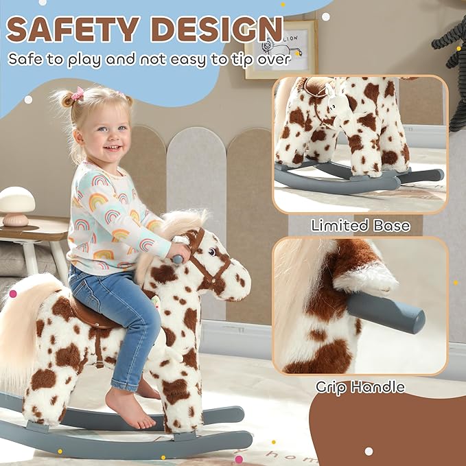 Qaba Rocking Horse, Kids Plush Animal Rocker with Realistic Neighing Sound for Toddlers 2–5 Years Old, Soft Filling Ride on Horse with Rabbit Toy, Brown