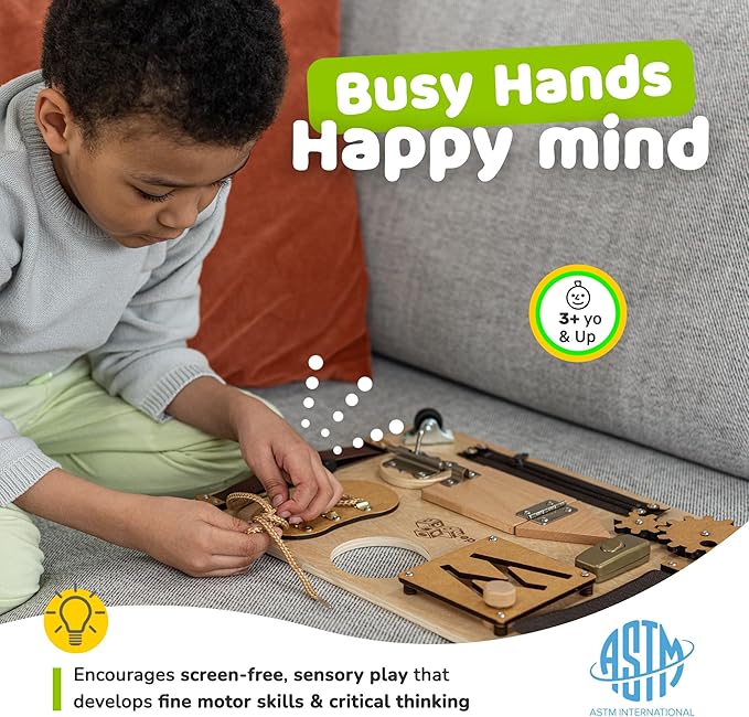 deMoca Sensory Busy Board for Toddlers, Premium Wooden Toddler Busy Board for 1 2 3 Year Old with 10 Educational Activities for Fine Motor Skills, Fidget Activity Toy for Travel Toy