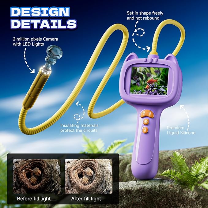 Borescope Snake Camera with Light for Kids，STEM Endoscope Educational Toy Kit，Outdoor Camping Nature Science Exploration Hoilday Birthday Gift for Boys & Girls Ages 3+ Years Old (Purple)