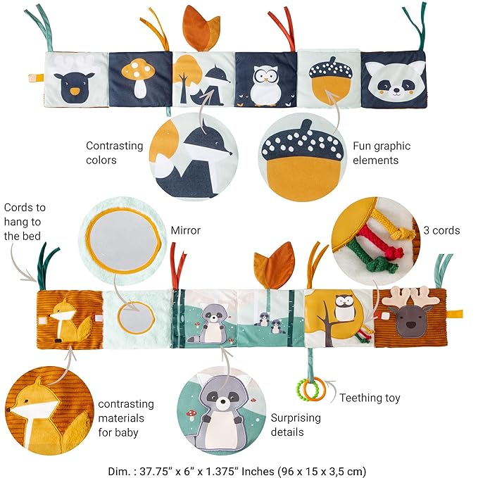 Little Big Friends 2-in-1 Soft Baby Activity Book | Crinkle Cloth Book with Mirror, Teething Ring & Textures | Sensory Toy for Infants | Attaches to Crib, Car Seat or Stroller | Forest Theme