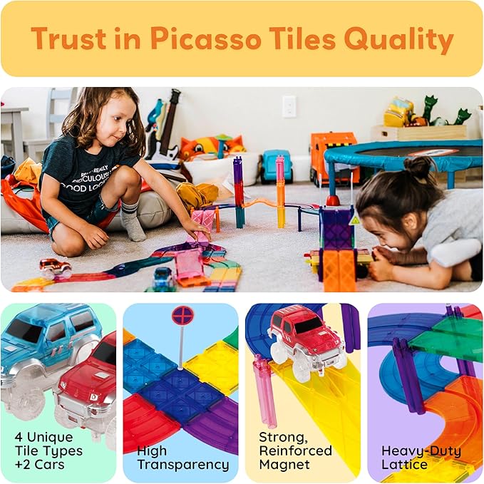 PicassoTiles Magnetic Tiles Race Track Car Thrilling Toy Playset Includes 2 Racing Trucks STEM Educational Magnet Tile Building Block Construction Set for Toddlers Boys Girls Ages 3 and Older PTR30
