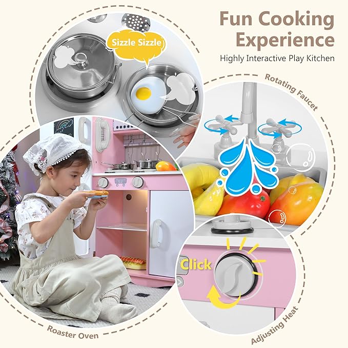 Kinder King Wooden Kids Play Kitchen, Toy Kitchen Playset for Toddler, Pretend Oven, Microwave, Telephone, Chalkboard, Interactive Doors, Knobs, Realistic Kitchen Sets for Boys Girls Age 3+, Pink