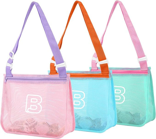 3Pcs Personalized Kids Beach Shell Bag, Initial Seashell Mesh Zipper Beach Pouch, Shell Collecting Bag for Holding Shells with Adjustable Straps, Sand Toys Swim Pouch Gift for Girl Boy Teens(Letter B)