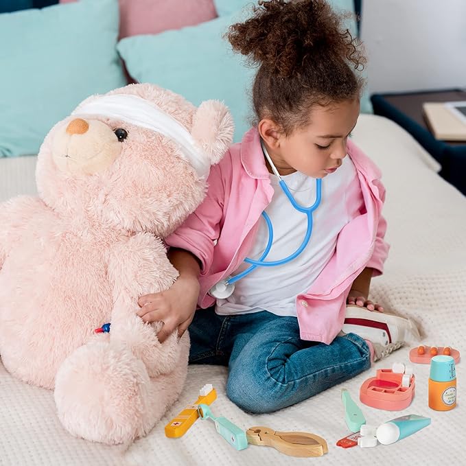 Wooden Dentist Kit for Kids, 41 Pieces Toy Medical Kit with Stethoscope & Medical Storage Bag, Montessori Pretend Doctor Kit Toys for 3 4 5 6 Years Old Boys Girls