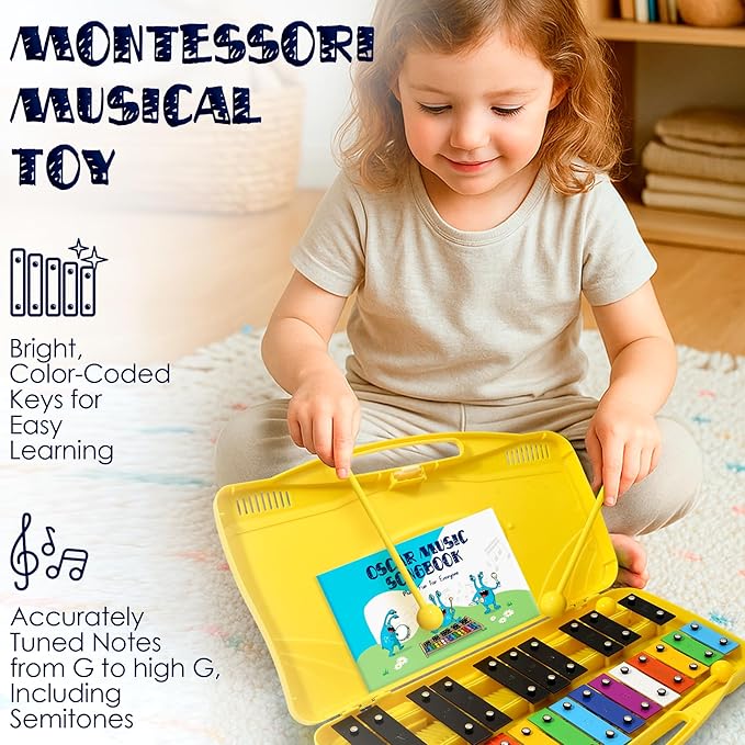 MINIARTIS Glockenspiel Xylophone | 25 Note Colorful Metal Keys Xylophone for Kids | Percussion Musical Instrument | Educational Music Toy Includes Music Songbook, Mallets and Yellow Carry Case
