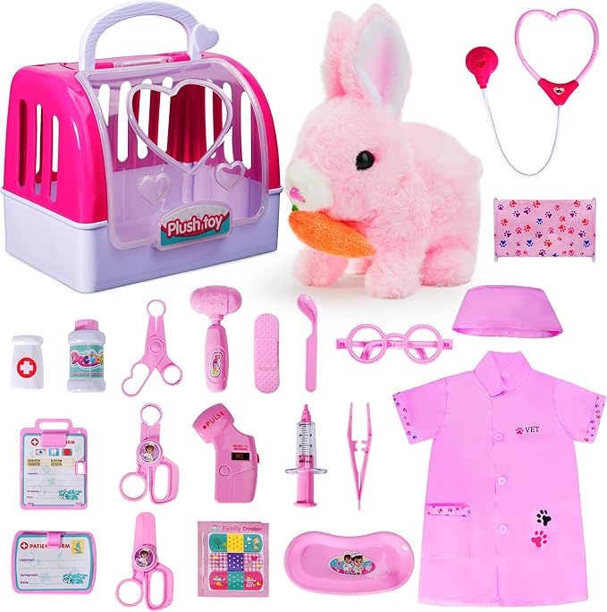 Doctor Kit for Girls -Vet Play Sets for Kids, Pretend Play Doctor Set with Pet Cage and Bunny Toy, Doctor Play Gift for Kids Toddlers Ages 3 4 5 6 Year Old for Role Play (Pink Bunny)