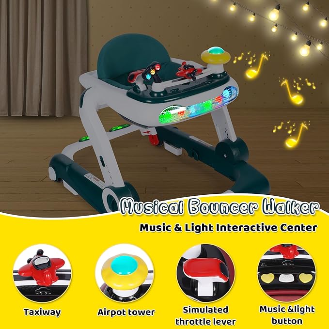 6 in 1 Baby Walker, Baby Activity Center for Toddler, Walker Rocker Bouncer w/Adjustable Height Speed, Learning-Seated & Walk-Behind, Infant Walker w/Feeding Tray & Music Toys, Green