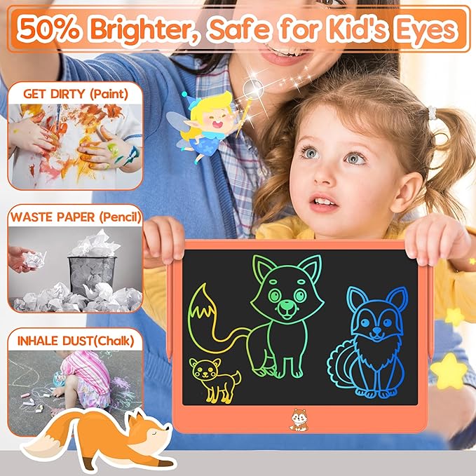 LCD Writing Tablet for Kids 12 Inch, Learning Toys Drawing Pad for Girls Boys, Erasable Doodle Board for Toddlers 3 4 5 6 7 8 Year Old Travel Essentials, Christmas Birthday for Kids - Orange