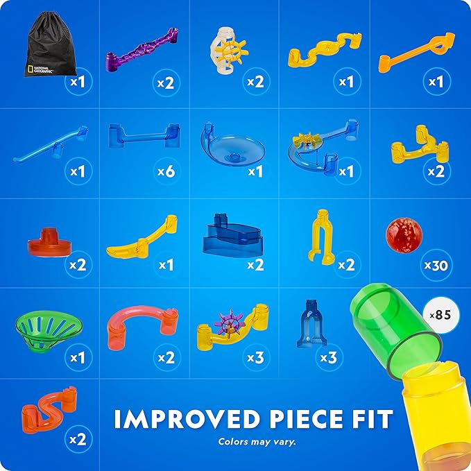 NATIONAL GEOGRAPHIC Glowing Marble Run – 150 Piece Construction Set with 30 Glow in The Dark Glass Marbles & Storage Bag, STEM Gifts for Boys and Girls, Building Project Toy (Amazon Exclusive)