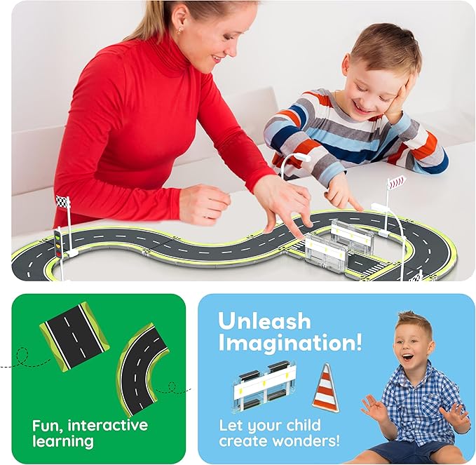 PicassoTiles Magnet Tile Building Block Construction Toy Set Street Sign Traffic Kit Highway Road Race Track with Bumper Barricade Accessory Sticker Education Magnetic Tiles Kids Age 3+ PTR03