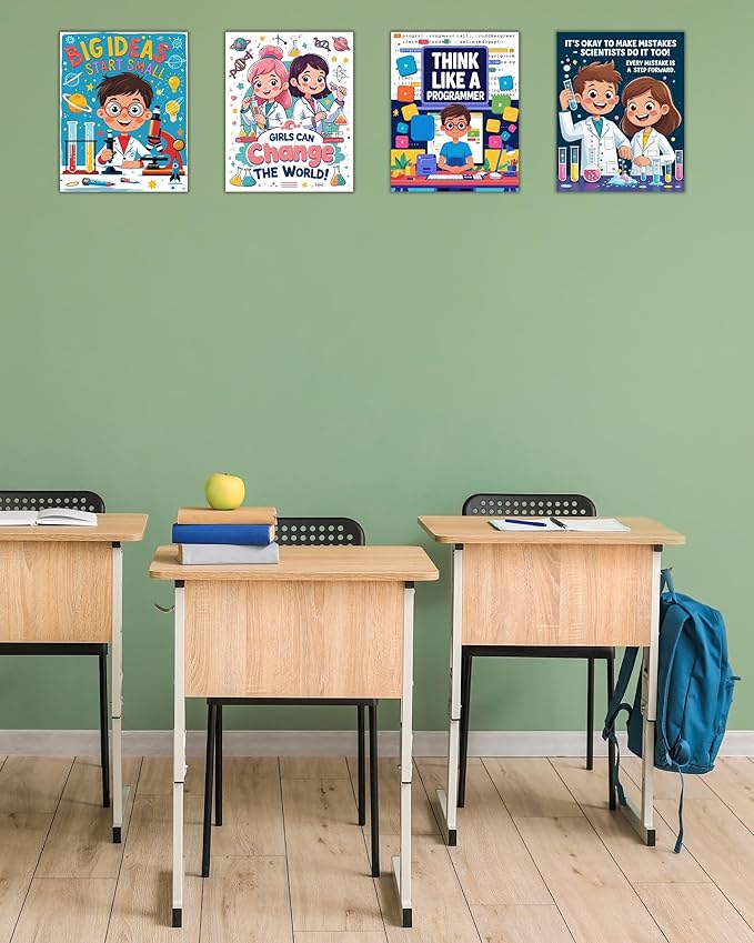 CNTG Design Motivational STEM Posters – Set of 4, 8x10 Inch Unframed Wall Art – Inspirational Science & Programming Quotes for Classroom, Study Room, or Office Decor (STEM Learning)