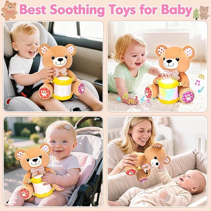 V-Opitos Stuffed Bear Musical Toys for Baby 6-12 Months+, Early Learning Light up Music Drum, Perfect Christmas Birthday Gifts for Boy & Girl Age 1, 2 Years Old