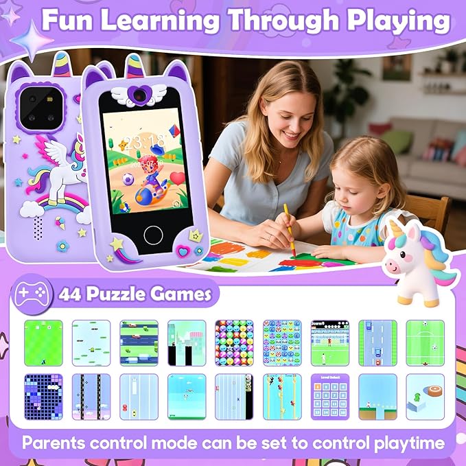 Kids Smart Phone for Girls, Kids Camera Toy Phone for Ages 3 4 5 6 8 Year Old, Christmas Birthday Gifts Toddler Cell Phone with Touchscreen, 44 Games, Music Player, 32GB Card & Bag Purple