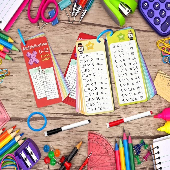 Multiplication Flash Cards 0-12, 15PCS Times Table Flash Cards Chart, with Dry Erase Markers Sorting Ring, 1st, 2nd, 3rd Grades Educational Math Multiplication Game for Kids Classroom Home