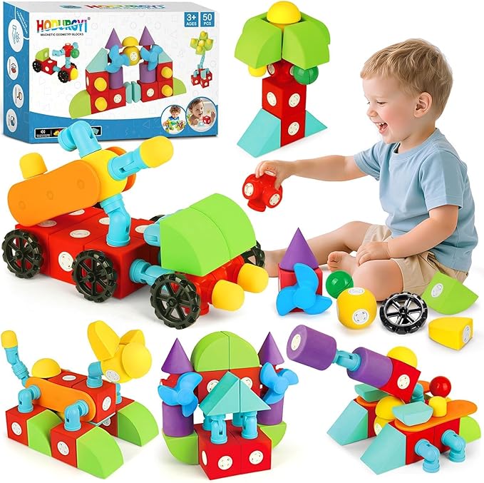 50 PCS Magnetic Foam Blocks for Kids, Large Magnetic Building Blocks for Toddlers 3+, Kids Bath Toys and Preschool STEM Educational Toys, Birthday for Boys & Girls 3 4 5 6+ Years Old