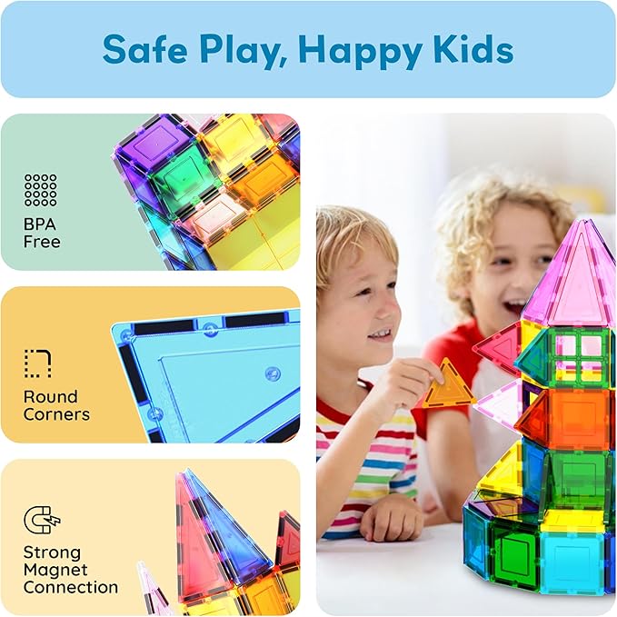 PicassoTiles 101 PCs Magnetic Tiles Building Blocks with Car & Drawstring Carry Bag Toy Storage Magnet Block for Toddlers Kids STEM Toy Set Educational Tile Learning Brain Development Ages 3+ PC101