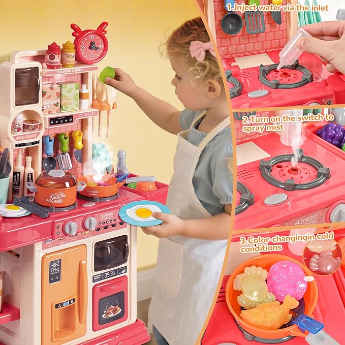 cossy Kids Play Kitchen,Toddler Kitchen with Sound and Light,Cooking Stove with Steam,Play Food Toy and Kitchen Accessories,Play Kitchen for Toddlers,Pink