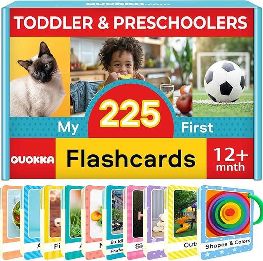 QUOKKA 225 Flash Cards for Toddlers 1-3 – Alphabet & First Words Flashcards with Rings – Toddler Educational Toys for Learning – Fun Big Size Letter Flashcards for Toddlers 3-5 Years