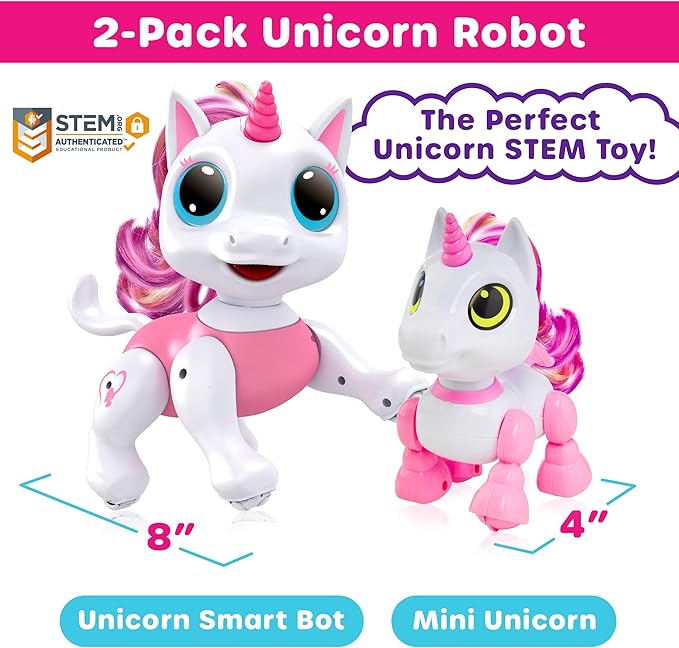 Power Your Fun Robo Pets Unicorn Toy 2pk Set - Unicorns Gifts for Girls and Kids (1) Unicorn Robot STEM Toy with Interactive Hand Gestures or Remote Control to Move and (1) Mini Automated Smart Robot