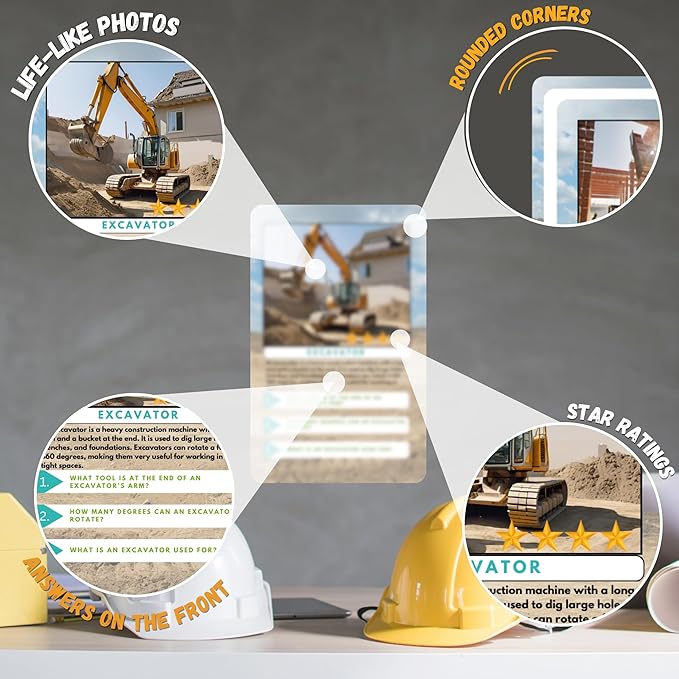 Construction Vehicle Trivia Flash Cards for Kids Ages 3+ | Educational Learning Cards with Trucks & Machines, STEM Fact Cards in Metal Tin, Screen-Free Travel Toy