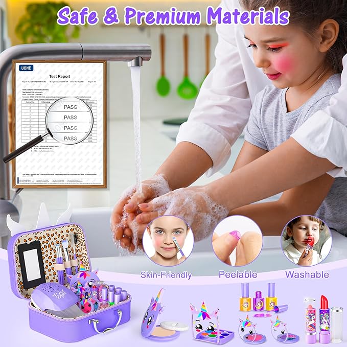 Kids Makeup Kit for Girl - 2 in 1 Kids Washable Makeup Toys & Nail Art Kit with Nail Dryer and Storage Case, Real Girl Makeup Set Birthday Gifts Toys for 3 -12 Year Old Girls, Light Purple