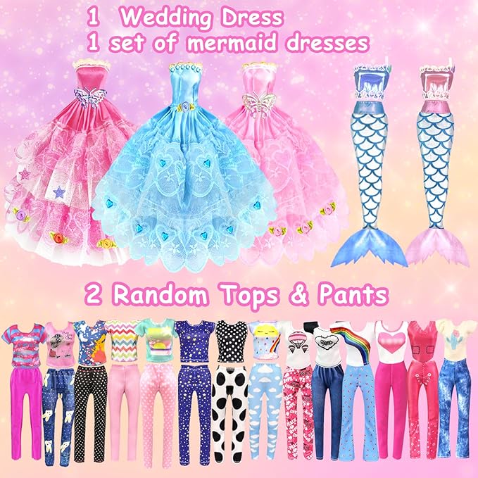 66Pcs Doll Clothes and Accessories with Doll Closet for 11.5 Inch Doll Dress up Set with 1 Doll Fashion Dresses Outfits Tops and Pants Shoe Rack Bags Gift Toy for Girls 4 5 6 7 8 9 10 Years