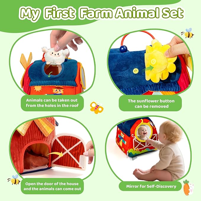 brenzo Baby Toys 6-12 Months, Montessori Sensory Playset Babies 0-3, Open The Barn Door to Fun, Tummy Time Companion w/ 6 Farm Animals , Rattle, Crinkle, Squeaker & Mirror, Ideal Newborn Toddler Gift