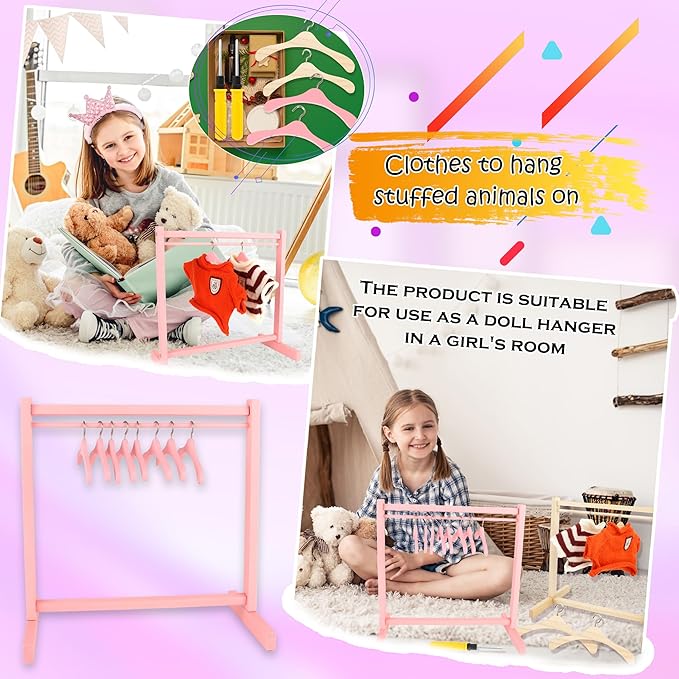 26 Pcs Wood Doll Garment Rack with Wooden Clothes Hanger Mini Wooden Girl Doll Clothes Hanger Organizer Storage Shelf for 18 Inch Girl Doll Clothes Baby Dollhouse (Color Set 2)