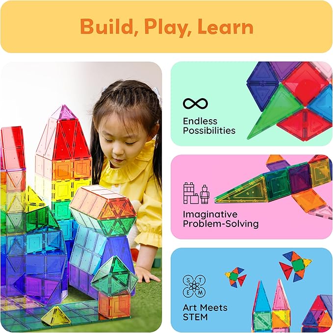 PicassoTiles 60 Piece Set 60pcs Magnet Building Tiles Clear Magnetic 3D Blocks Construction Playboards - Creativity Beyond Imagination, Inspirational, Recreational, Educational, Conventional