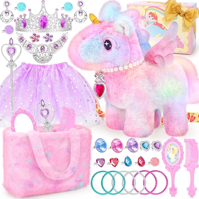 Tagitary Plush Unicorn Toys with Glowing Horns, Walking Pony Realistic Interactive Stuffed Unicorn with Kids Dress Up & Pretend Jewelry Toys,Christmas Birthday Gift Party Favors for Kids Toddlers