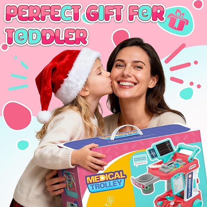 Doctor Kit for Kids, Pretend Play Medical Toy Doctor Cart, Doctor Toy for Toddlers 3-5, Christmas Birthday Costume Role Play Dress Up Gift Ideas for Boys Girls
