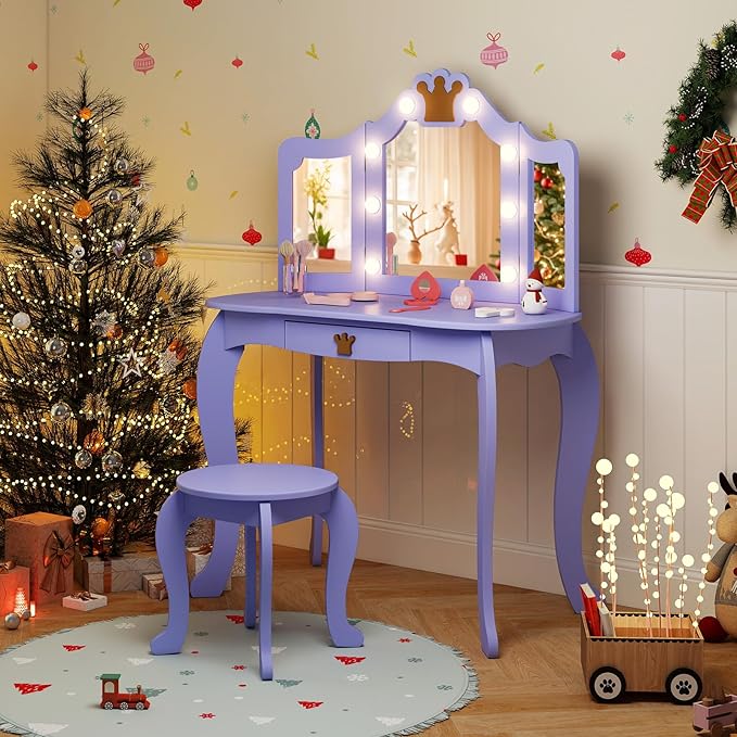 HONEY JOY Kids Vanity with Lights, Crown Girls Vanity Set with Mirror and Stool and Lights, Toddler Vanity, Wooden Makeup Table for Little Girls, Pretend Play Kids Vanity Table and Chair Set(Violet)