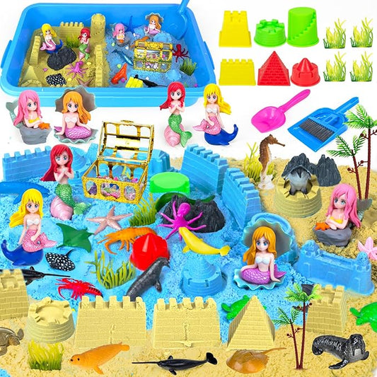 57Pcs Sensory Bin Toys, Ocean Mermaid Sensory Bin Sandbox for Kids Ages 2 3 4 5 6 7 8 with 2.64lbs Magic Sand, Castle Moulds, 4 Mermaids & 30 Sea Animals, Toddlers Play Sand Art Kits Gifts