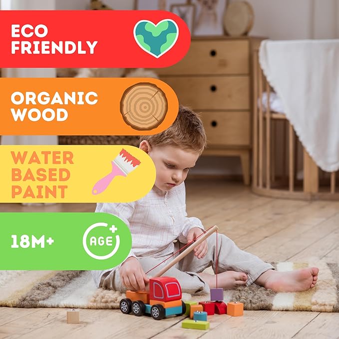 CUBIKA Wooden Crane Truck – Magnetic Construction Vehicle Playset for Toddlers Ages 18 Months+ – Montessori Toy for Fine Motor Skills, Creativity, and Imaginative Play