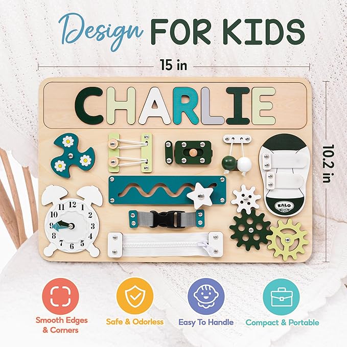 Busy Board Bear for Toddlers Wooden Montessori Toys, Wooden Controller Sensory Toy for Autistic Children & ADHD Sensory Board for Education & Learning Green