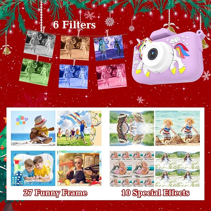 Kids Camera for 3-9 Year Old Boys Girls, Children Digital Camera with Cute Cartoon Soft Cover & 32GB SD Card, Best Christmas Birthday Gifts for Grandkids, Halloween Party Favors for Kids - Purple