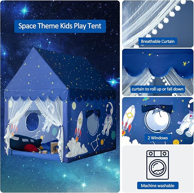 Kids Play Tent Playhouse Indoor Tent for Kids Boys Toddler, Large Castle Play House Bed Tents Spaceship Outer Space Rocket Blue, Kid Toys for Boy Girl Birthday, Christmas House Gift