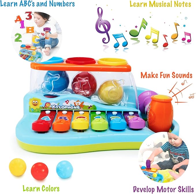 Pop 'N Play Pound a Ball Toy for Toddlers 1-3 - Xylophone Baby Musical Toy Station - 6 Piano Keys, Colorful Balls, Exciting Hammer - Fun to Learn & Develop Fine Motor Skills
