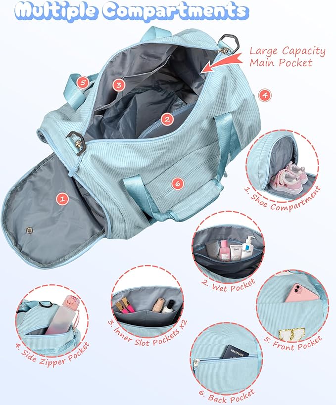 6 Year Old Girl Birthday Gifts, Girls Gym Bag, Kids Personalized Dance Bags with Shoe Compartment, Customized Travel Tote with Toiletry Bag, Gift for 3 4 5 6 7 8 Year Old Kid (Letter T)