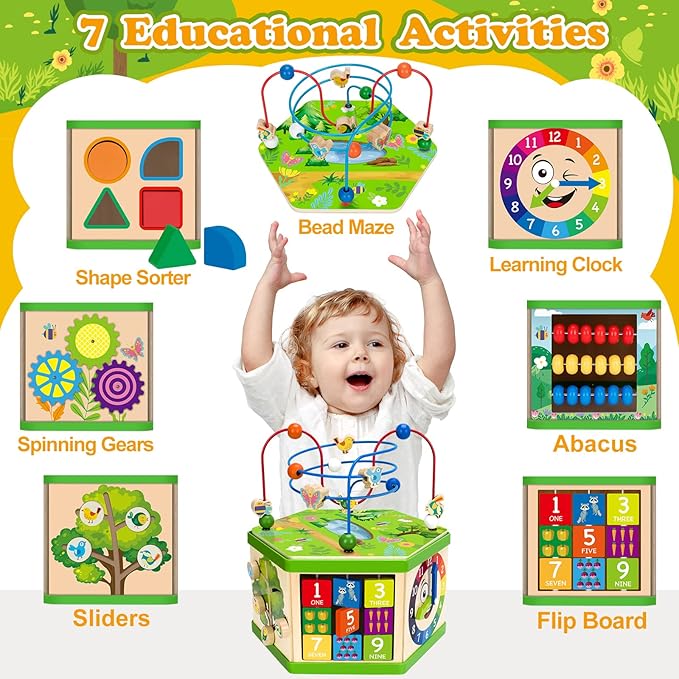 Wooden Activity Cube for 12-18 Month, 1 Year old Boys & Girls, 7-in-1 STEM Montessori Early Developmental Learning Toys for Kids Aged 1-2, Ideal 1st Birthday Gift Toys for Baby, Toddlers (Pink)