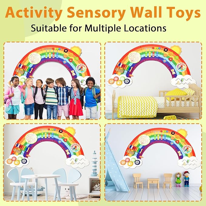 5FT Large Sunshine Rainbow Wooden Activity Wall Panel Christmas Gift Educational Montessori Toy for Toddler Kids Interactive Sensory Activity Busy Board Daycare Learning Center Toddler Room Decor