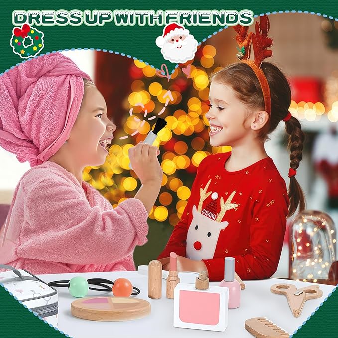 Wooden Makeup Toy Set, Pretend Play Wood Beauty Salon Playset for Girls, Wood Makeup Kit with Cute Fake Makeup Set Gift for Toddler 3 4 5 6 7